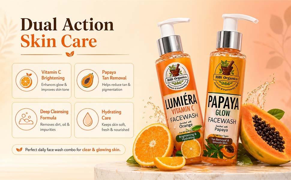 Combo Vitamin C Face Wash + Papaya Face Wash Combo | Brightening, Tan Removal & Deep Cleansing Skincare Set